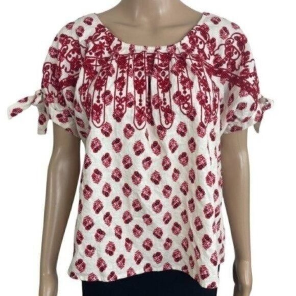A Loves A Linen Rayon Blouse red floral sleeve ties size Large - Picture 1 of 6